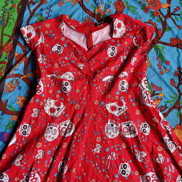 OTEN Red Floral Sugar Skull Day of the Dead Retro Rockabilly Dress Plus Size 4XL - Picture 2 of 5